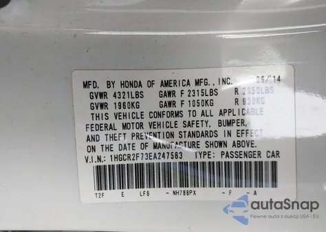 2014 Honda Accord Ex из США, поврежденный, VIN 1HGCR2F73EA247583